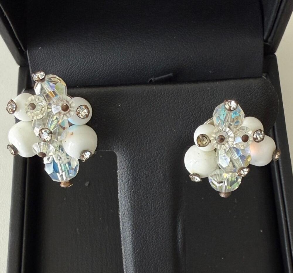 VTG Signed Vendome Cluster Clip On Earrings White Milk Glass AB Crystal 1950's